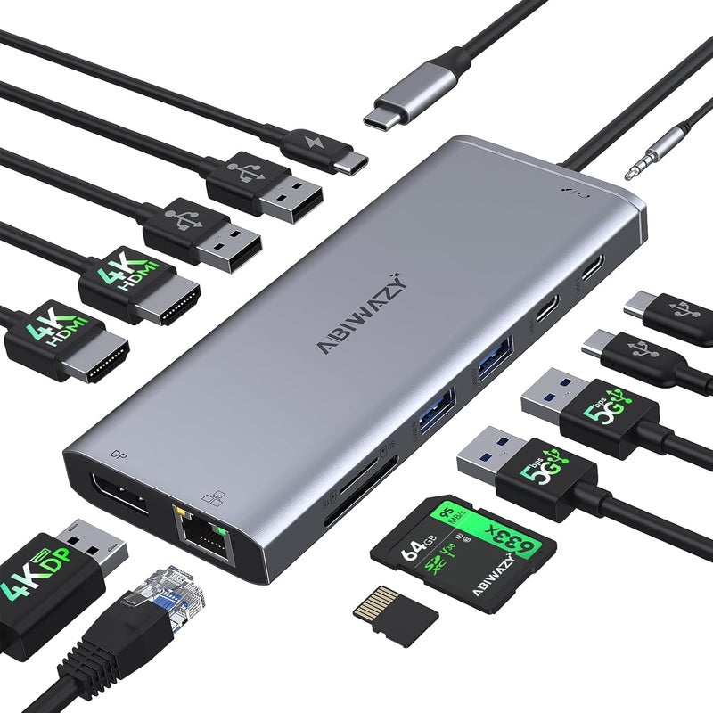 ABIWAZY USB C Hub USB-C Docking Station Dual Monitor 14 in 1 Triple Display Multiport Adapter with 2 HDMI+DP+7 USB Type C/A Ports+Ethernet+Audio, USBC Dongle for Dell/HP/Lenovo ThinkPad/Surface(Grey) - Image 1